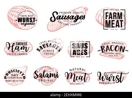 Meat and butcher shop grocery products lettering sketch. Vector calligraphy gourmet meaty delicatessen gastronomy, pork bacon, ham or salami wurst sau Stock Vector
