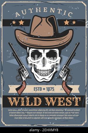 Skull in cowboy hat with revolvers, retro Wild West theme. Vector criminal and weapon from historical past of America. Authentic culture of westerns, Stock Vector