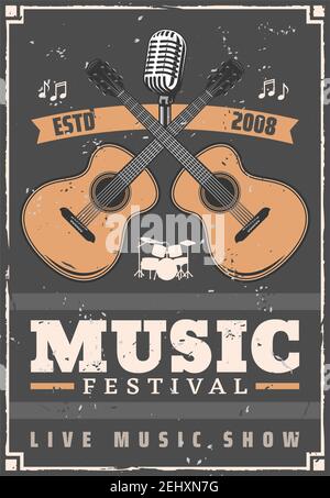 Music festival musical instruments, guitar, drum set, retro microphone and notes. Live music show and acoustic concert vintage poster, entertainment v Stock Vector