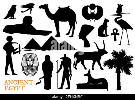 Ancient Egypt religion symbols with god and travel landmarks silhouettes. Vector pharaoh pyramid, sphinx, ankh and Anubis, eye of Horus, scarab and Tu Stock Vector