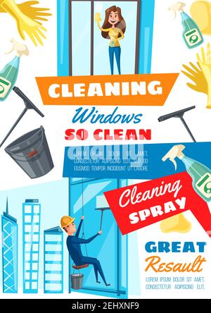 Window cleaning home and rope access service. Vector rope access technician clean building windows, housewife with sponge, glass cleanser and scraper Stock Vector