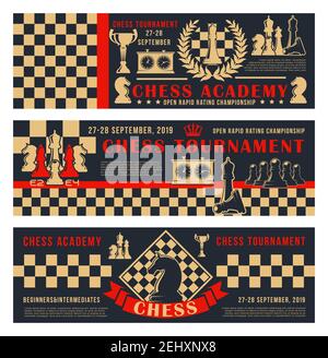 Chess academy or tournament and championship banners. Vector chess leisure games pieces horse, rook and king crown on chessboard strategy background w Stock Vector