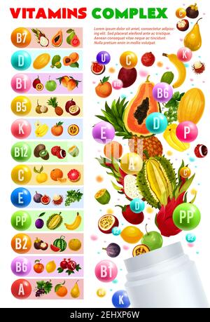 Vitamins and minerals complex, vegetarian food. Vector natural fruits and berries organized by content of vitamin pills. Banana and carambola, maracuy Stock Vector