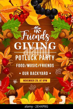 Friendsgiving potluck dinner and Thanksgiving autumn holiday party. Orange fallen leaves frame on wooden background with fruits and berries, mushroom Stock Vector