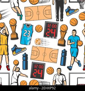 Basketball seamless pattern background with players and sport items. Orange ball, winner trophy cup and court, basket hoop, scoreboard, uniform jersey Stock Vector
