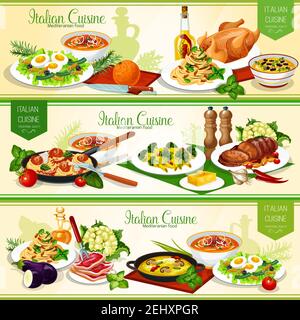 Italian pasta dishes with meat, fish and vegetables. Vector spaghetti, linguine and penne with cheese, tomato and pesto sauce, meatball and broccoli, Stock Vector