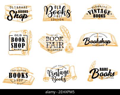 Manuscript and books, scroll and parchment silhouette icons with lettering. Vector vintage books shop signs, literature and feather with ink, knowledg