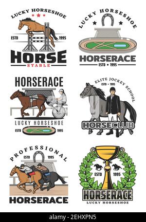 Horcerace and equestrian sport isolated icons, jockey school. Vector racecourse and obstacles, equestrian on stallion and trophy cup with wreath, luck Stock Vector