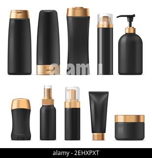 Perfumes and cosmetics, cream and lotion containers mockup. Vector shampoo or gel, hair conditioner and sprayer, liquid soap and deodorant. Cosmetical Stock Vector
