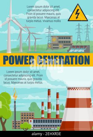 Power generation and electricity energy production. Vector power plant, windmills and natural gas energy resources, solar panels and hydroelectric sta Stock Vector