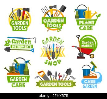 Garden or farming tools and equipment icons. Vector forks and spit, shovel and axe, scissors and secateurs, spade and watering can, bucket and sprayer Stock Vector