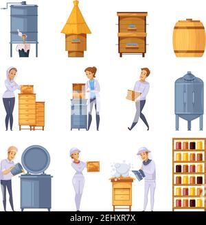 Apiary production cartoon icons set with beekeepers beehives honeycomb harvesting honey pitching and storage isolated vector illustration Stock Vector
