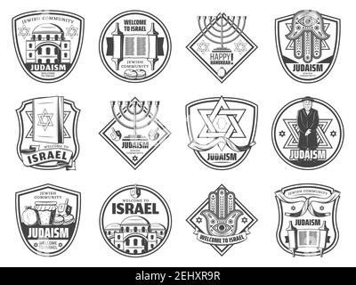 Jewish culture and religion symbols, Judaism holidays tradition icons. Vector Hannukkah Menorah Hanukiyot, David Star or Torah scroll and rabbi priest Stock Vector