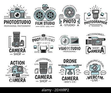 Photo and film studio icons with digital and video camera, lens, flash and movie projector, shutter and cinema film reel isolated vector symbols of ph Stock Vector