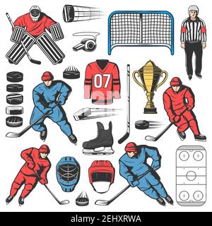 Ice hockey players team, outfit and equipment icons. Vector forward, defenseman and goaltender or goalkeeper with ice hockey pucks and sticks, skates, Stock Vector