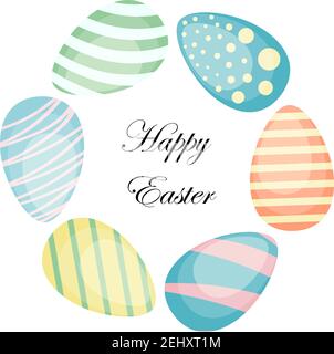 Easter wreath with hand drawn colored Easter eggs isolated on white background. Decorative doodle frame made of Easter eggs. Ornamented Easter eggs circular shape. Vector circle ornament illustration Stock Vector