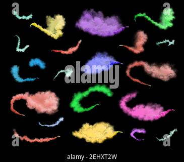 Colorful smoke bomb isolated. Smoke grenades isolated on black.  Multicolor smoke isolated. Colorful smoke cloud set Stock Photo