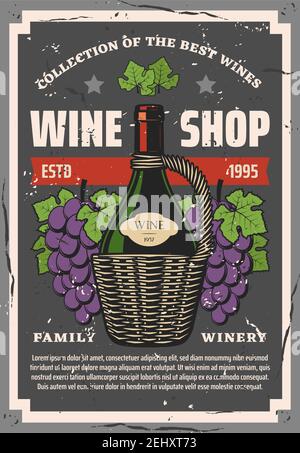 Wine shop, winemaking and winery. Vector bottle in basket, grape bunches, brut sort, vine and tasting process. Craft alcohol drink of natural fruits o Stock Vector