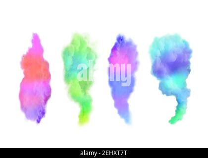Rainbow smoke design set.  Explosion of colored smoke cloud set. Rainbow smoke isolated on white background. Stock Photo