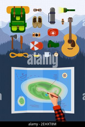 Outdoor recreation hiking equipment infographic set on mountains landscape. Backpacking belongings collection. Tourist hand planning walking route on map with travel elements. Camping eps illustration Stock Vector