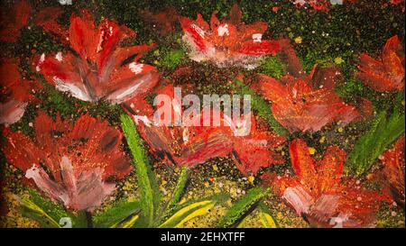 Meadow with blooming poppies. Painting on canvas, painted with acrylics. Hand painted. Stock Photo