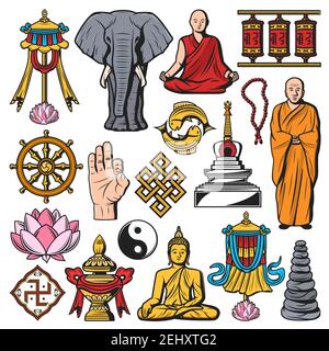 Buddhism religion, vector Buddha and lotus flower, monk and meditation pose, vitarka sign and swastika. Pebble pile and spinning drums, mortar and yin Stock Vector