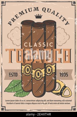 Cigars and tobacco retro poster. Vector cigarettes with Cuban Havana premium quality label and cutter, tobacco production factory or gentleman smoking Stock Vector
