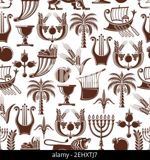 Israel culture and travel traditional pattern background. Vector seamless Jewish and Judaism religion Hanukkah Menorah, Shofar horn and palm with pome Stock Vector