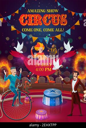 Circus carnival show poster with performers, magician, clown, acrobat and monkey jugglers on arena, decorated with festival flags and fire rings. Ente Stock Vector