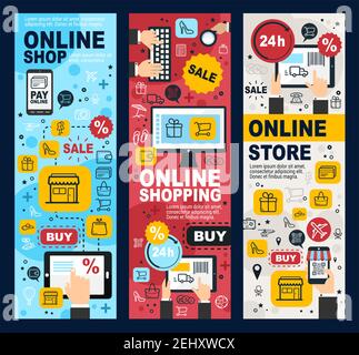 Online shopping linear vector banners. Online shop store poster sale via internet, payments on computers and smartphone devices. Buy tickets, food, cl Stock Vector