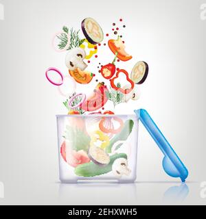 Colored and isolated plastic food containers and vegetables realistic composition with art motion vector illustration Stock Vector