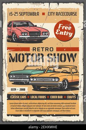 Vintage cars on motor show, vector retro vehicles exhibition. Car restoration of old transport, cabriolet and coupe Stock Vector