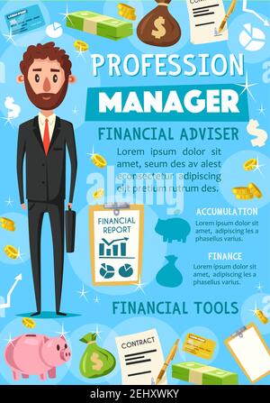 Manager or businessman, financial advisor. Vector businessman with briefcase, coins and money. Signed contract, report, salary banknotes, coins in mon Stock Vector