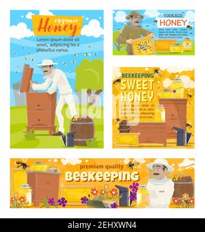 Apiary beekeeping farm and beekeeper collecting honey in honeycombs from beehive. Vector cartoon posters of beekeeping and natural honey production Stock Vector