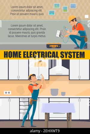 Electrician service and electrical repair house work profession. Vector electric technician man in uniform change lamp bulb in home kitchen or socket Stock Vector