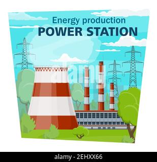 Power stations and electricity industry, electrical energy production and nuclear plant. Vector electric factory, pipes and chimneys, smoke or vapor. Stock Vector