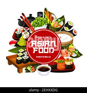 Japanese cuisine sushi rolls and rice menu. Vector poster of sashimi and maki, Philadelphia or California sushi with ebi shrimp, salmon nigiri or eel Stock Vector