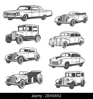 Monochrome vector cars, isolated vintage vehicle. Old vehicles exhibition and motor show. Vector vintage american restoration rarity transport, cabrio Stock Vector