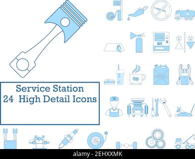 Service Station Icon Set. Thin Line With Blue Fill Design. Vector Illustration. Stock Vector