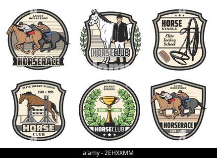 Horse racing school, polo sport club and jockey horserace badges. Vector equestrian icons of hippodrome horse racing, victory cup and equine equipment Stock Vector