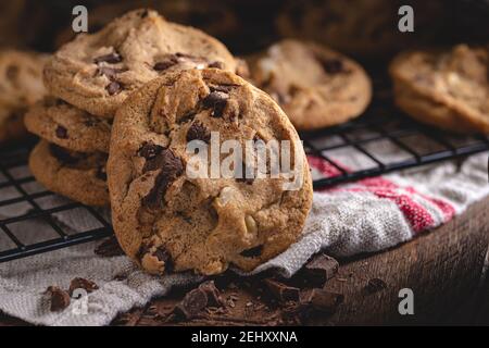 Closeup of delicious chocolate chip cookies on a cooling rack Stock Photo