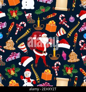 Merry Christmas winter holiday seamless pattern. Vector Santa Claus and snowy pine tree, fir wreath and gingerbread house, cane candy, cracker, sock a Stock Vector