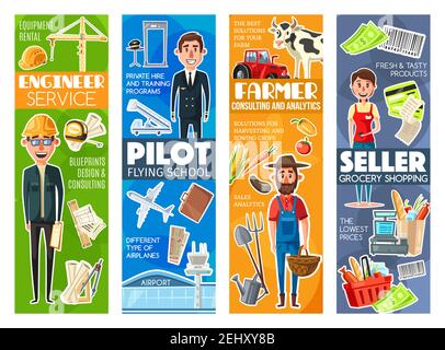 Engineer and pilot, farmer and seller professions. Vector builder with building crane, aviator and airplane, gardener on farm with vegetables, seller Stock Vector