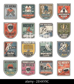 Ice hockey sport icons with players in uniform and sporting items. Isolated vector ice rink and puck, stick and trophy cup, whistle and helmet, gate a Stock Vector