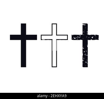 Set of hand-drawn black grunge cross icons, collection of simple Christian cross signs Stock Vector