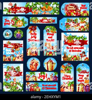 Merry Christmas greeting banners and Xmas happy holidays wish tags for winter season. Vector set of Christmas tree wreath garland and golden bell deco Stock Vector