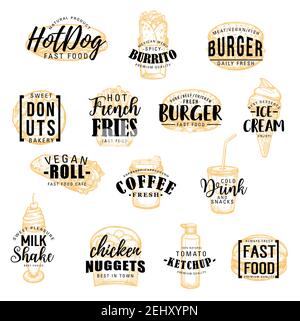 Fast food sketch icons with lettering. Hot dog and burrito, donut and burger, french fries and ice cream, vegan roll and coffee, drink and milk shake. Stock Vector