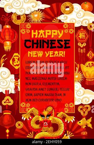 Happy Chinese New Year greeting card of traditional red and golden design, China celebration decorations and symbols. Vector fans, gold coins and drag Stock Vector