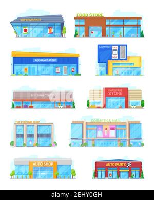 City buildings of supermarket and food or grocery store. Electronics or appliances and hardware, perfume shop with cosmetics mall and auto parts. Urba Stock Vector
