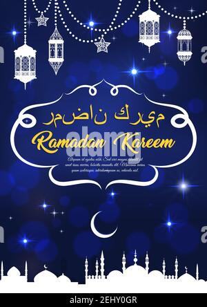 Ramadan Kareem Muslim religious holiday greeting card. Vector poster of traditional Islamic symbols, mosque minarets with crescent moon, ornate lanter Stock Vector